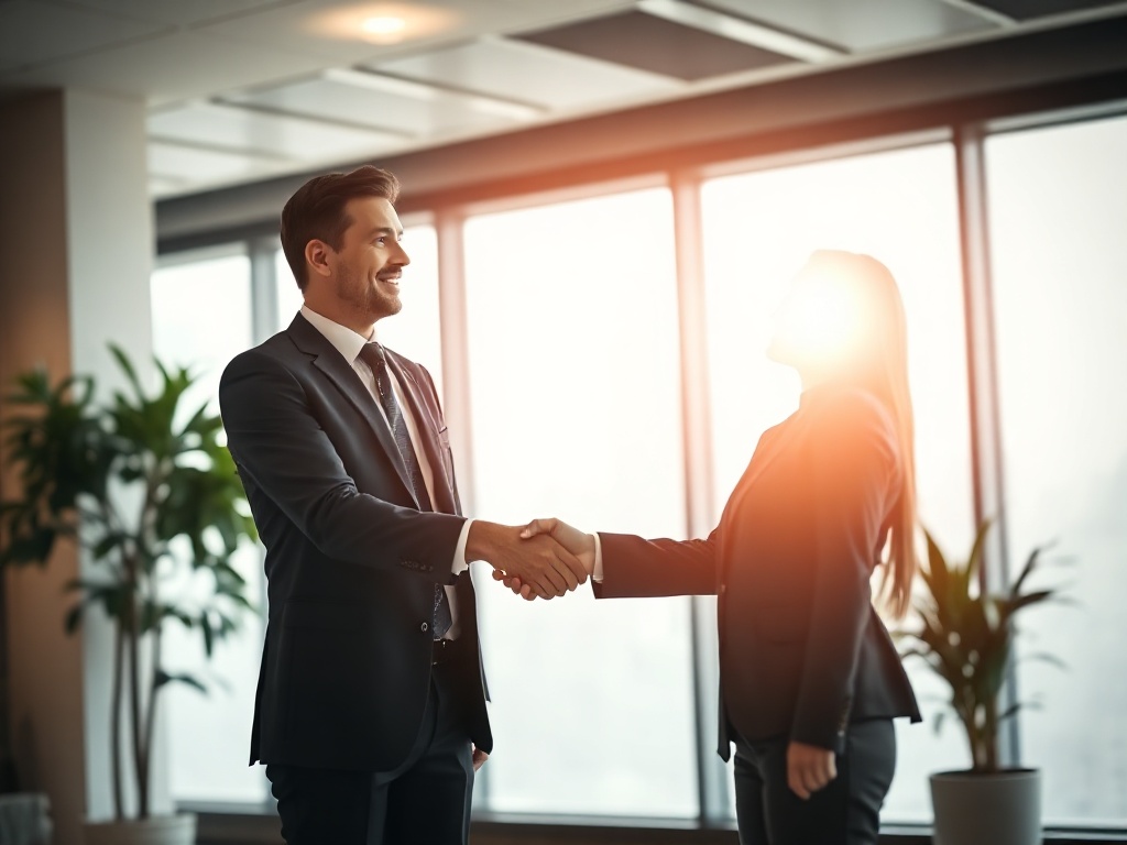 Pricing hero: two professionals shaking hands across a conference table in a bright office setting, conveying trust and partnership.