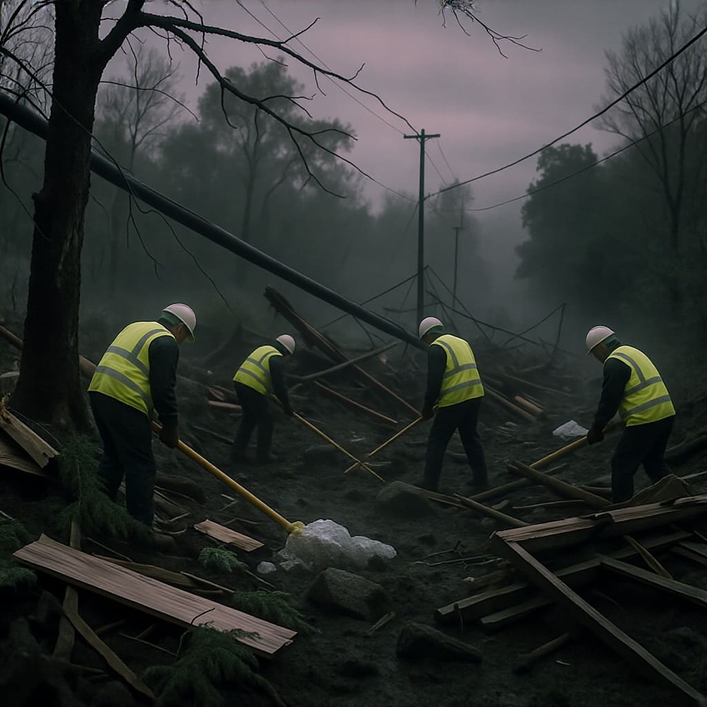 Resilion Responds hero: PPE-clad crews in hardhats working a storm-damaged recovery site with debris and downed lines.